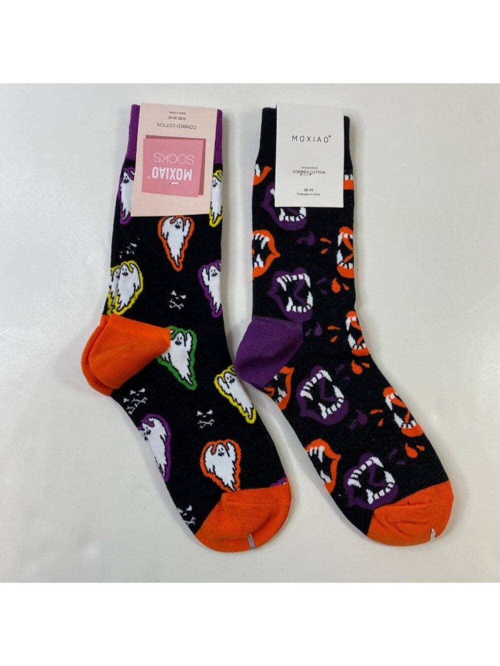 Womens Halloween Themed Socks 2 Pack Ghost Fang Patterns Black Orange Purple